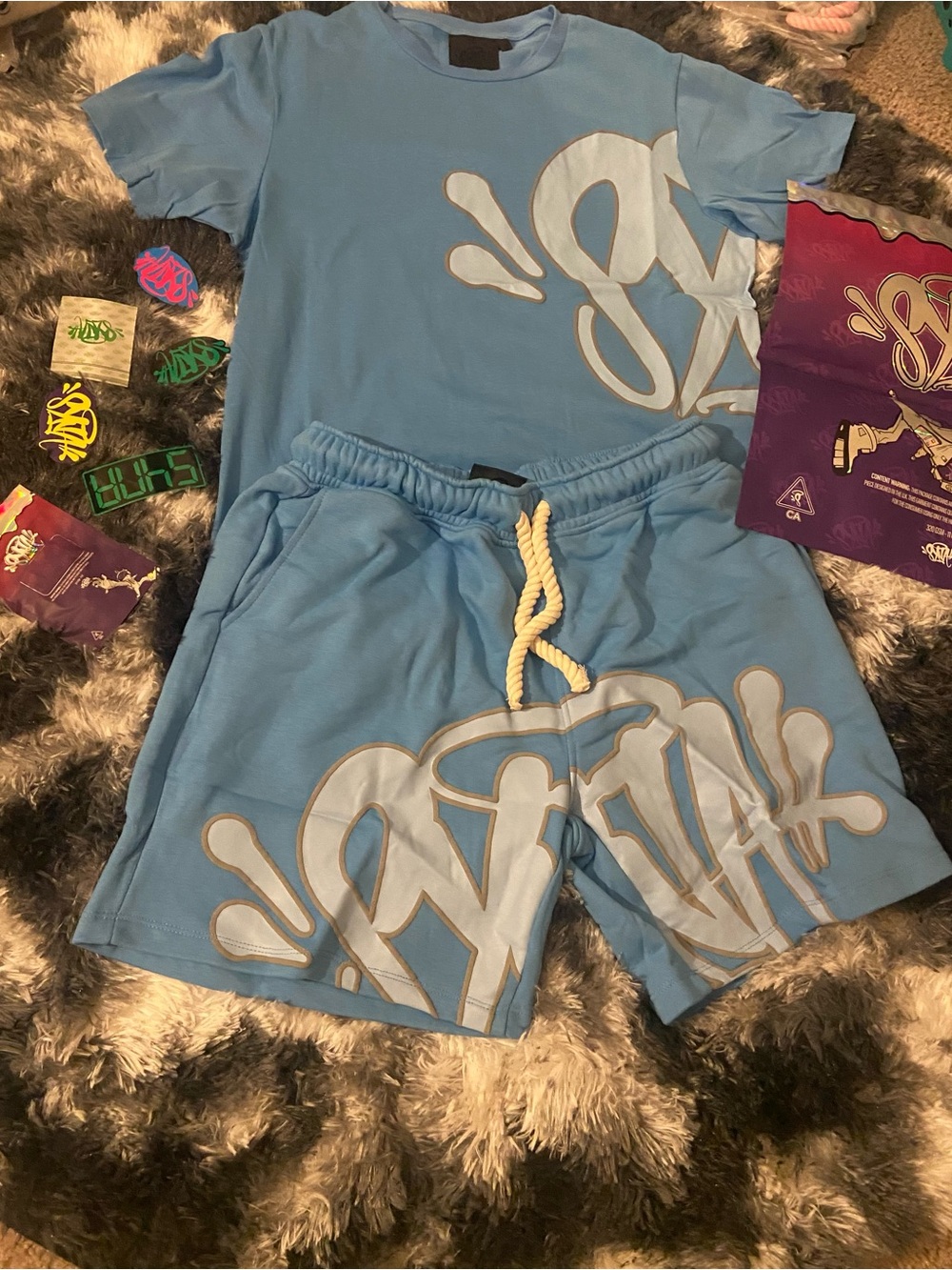 Stussy Light Blue Graffiti Logo Tee & Shorts Set
